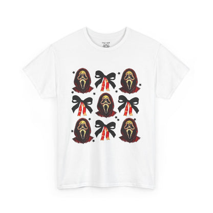 Ghost Face with Bows Design, Fun Graphic Tee, Gift for Him/Her, Casual Wear, Holiday Apparel, Statement Shirt