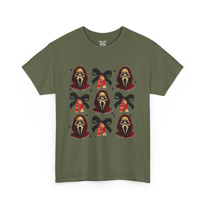 Ghost Face with Bows Design, Fun Graphic Tee, Gift for Him/Her, Casual Wear, Holiday Apparel, Statement Shirt