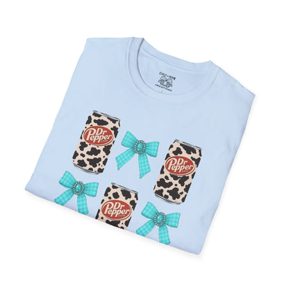 Dr Pepper Tourquoise  Cow Print T-Shirt with Bows, Casual Wear, Gift for Cow Lovers, Farmhouse Decor, Birthday or Holiday Gift