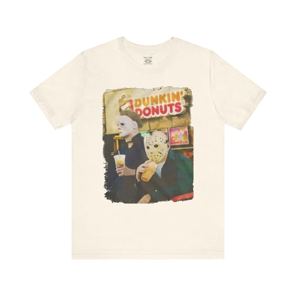 Michael Myers and Jason Horror Movie Tee with Dunkin' Donuts Theme, Unisex Graphic T-Shirt, Halloween Costume, Quirky Casual Wear