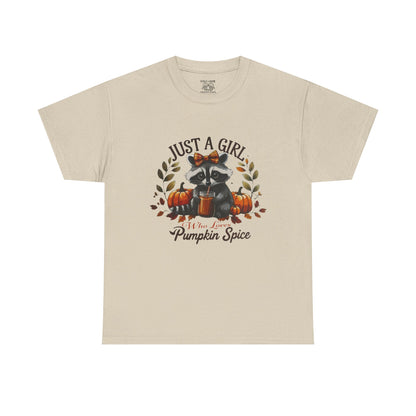 Pumpkin Spice Raccoon Unisex Heavy Cotton Tee, Fall T-Shirt, Halloween Apparel, Autumn Shirt, Cute Graphic Tee