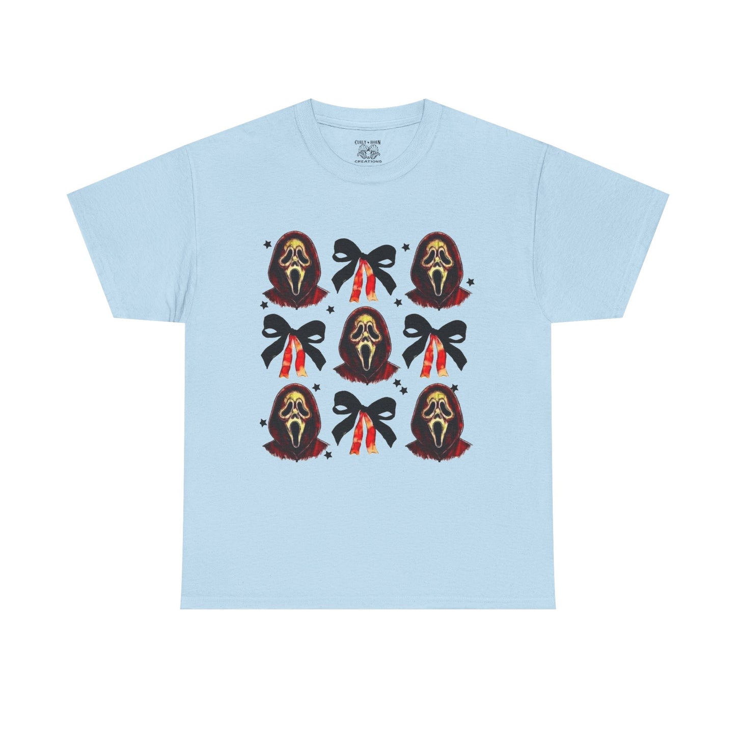 Ghost Face with Bows Design, Fun Graphic Tee, Gift for Him/Her, Casual Wear, Holiday Apparel, Statement Shirt