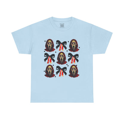 Ghost Face with Bows Design, Fun Graphic Tee, Gift for Him/Her, Casual Wear, Holiday Apparel, Statement Shirt