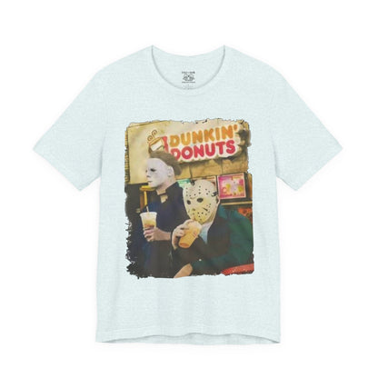Michael Myers and Jason Horror Movie Tee with Dunkin' Donuts Theme, Unisex Graphic T-Shirt, Halloween Costume, Quirky Casual Wear
