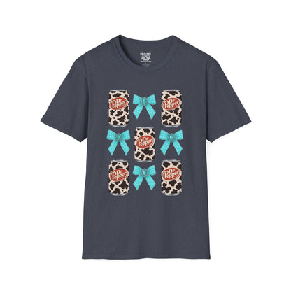 Dr Pepper Tourquoise  Cow Print T-Shirt with Bows, Casual Wear, Gift for Cow Lovers, Farmhouse Decor, Birthday or Holiday Gift