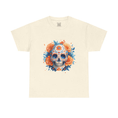 Colorful Floral Skull Tee, Unisex Heavy Cotton T-Shirt, Perfect for Day of the Dead Celebrations, Casual Wear, Unique Gift Idea