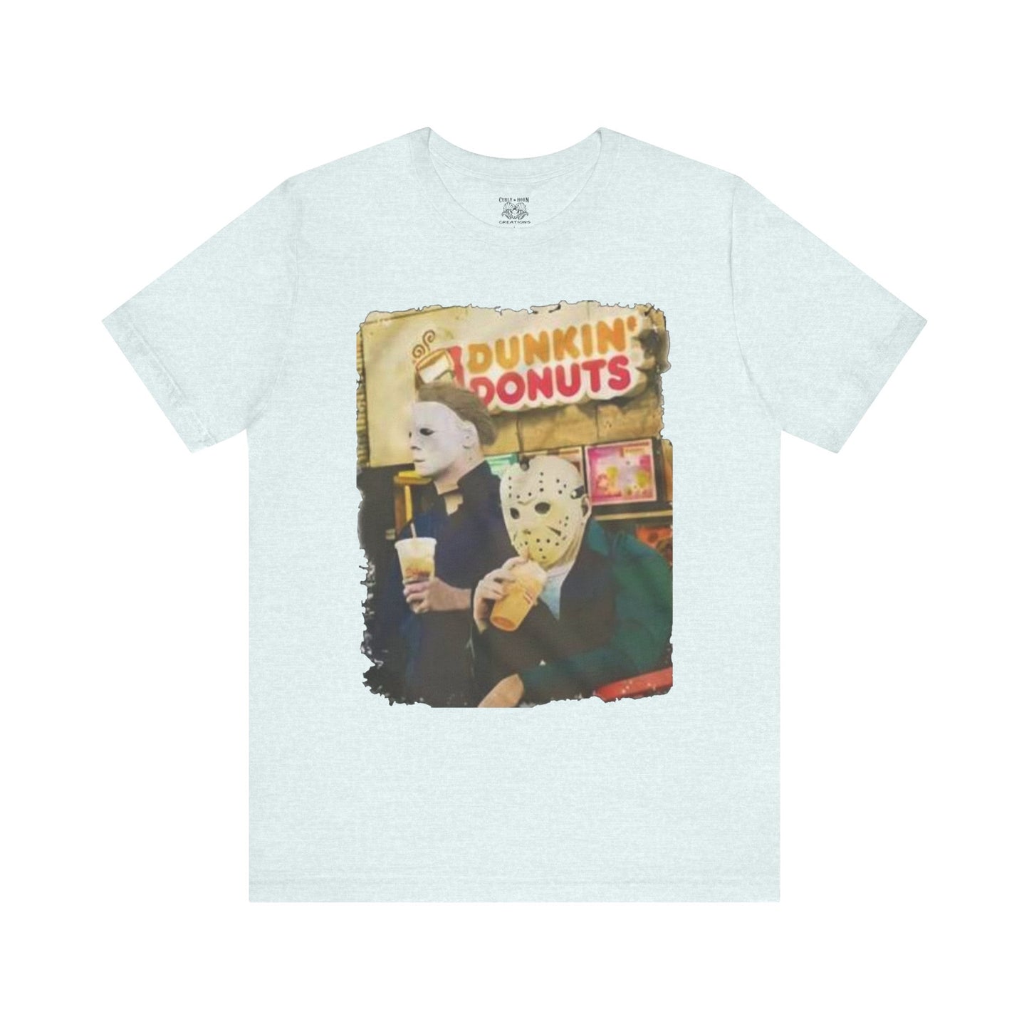 Michael Myers and Jason Horror Movie Tee with Dunkin' Donuts Theme, Unisex Graphic T-Shirt, Halloween Costume, Quirky Casual Wear
