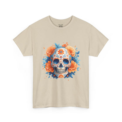 Colorful Floral Skull Tee, Unisex Heavy Cotton T-Shirt, Perfect for Day of the Dead Celebrations, Casual Wear, Unique Gift Idea
