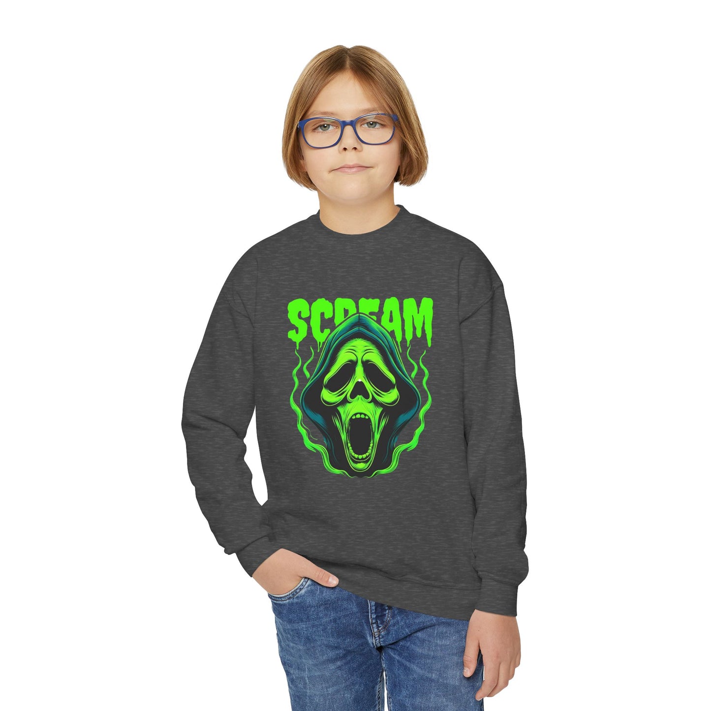 Scream Youth Crewneck Sweatshirt, Horror Gift, Halloween Apparel, Spooky Sweatshirt, Teens' Casual Wear, Graphic Sweatshirt