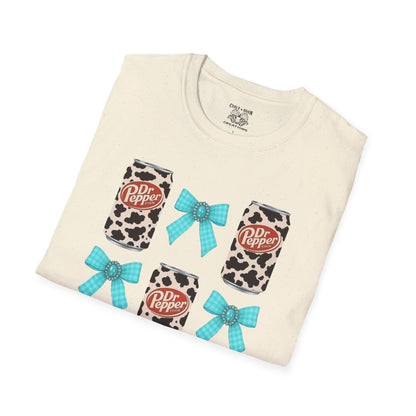Dr Pepper Tourquoise  Cow Print T-Shirt with Bows, Casual Wear, Gift for Cow Lovers, Farmhouse Decor, Birthday or Holiday Gift