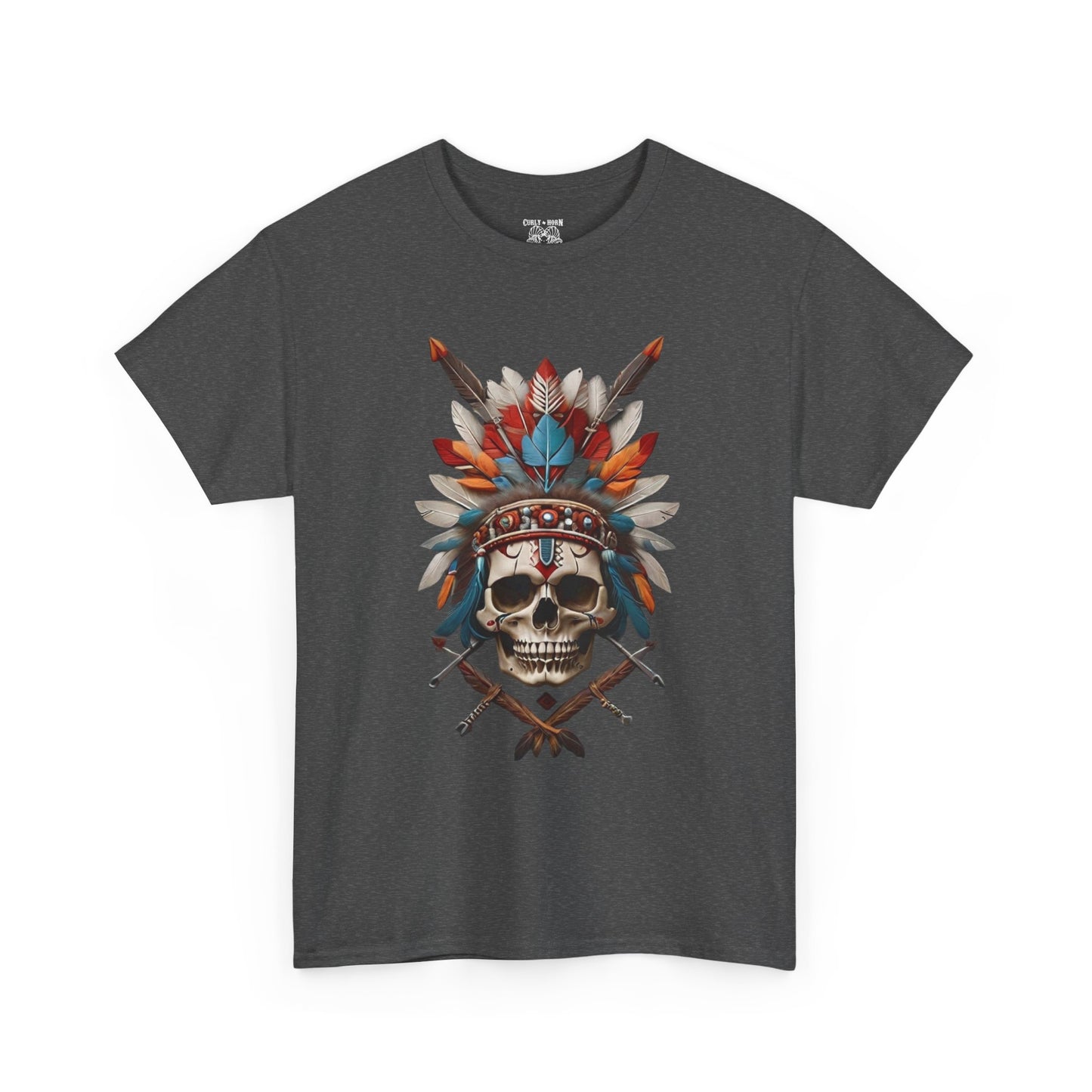 Skull Headdress Unisex Heavy Cotton Tee | Bohemian Style T-Shirt, Festival Wear, Graphic Tee, Gift for Him, Casual Apparel