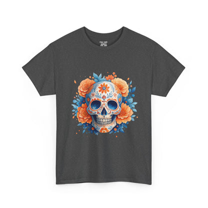 Colorful Floral Skull Tee, Unisex Heavy Cotton T-Shirt, Perfect for Day of the Dead Celebrations, Casual Wear, Unique Gift Idea