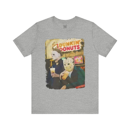 Michael Myers and Jason Horror Movie Tee with Dunkin' Donuts Theme, Unisex Graphic T-Shirt, Halloween Costume, Quirky Casual Wear
