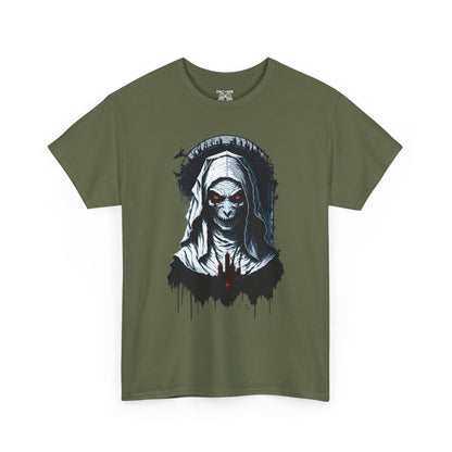 Spooky Graphic Nun Tee, Unisex Heavy Cotton Tee, Halloween Outfit, Horror Lover Gift, Dark Art T-Shirt, Unique Style Tee