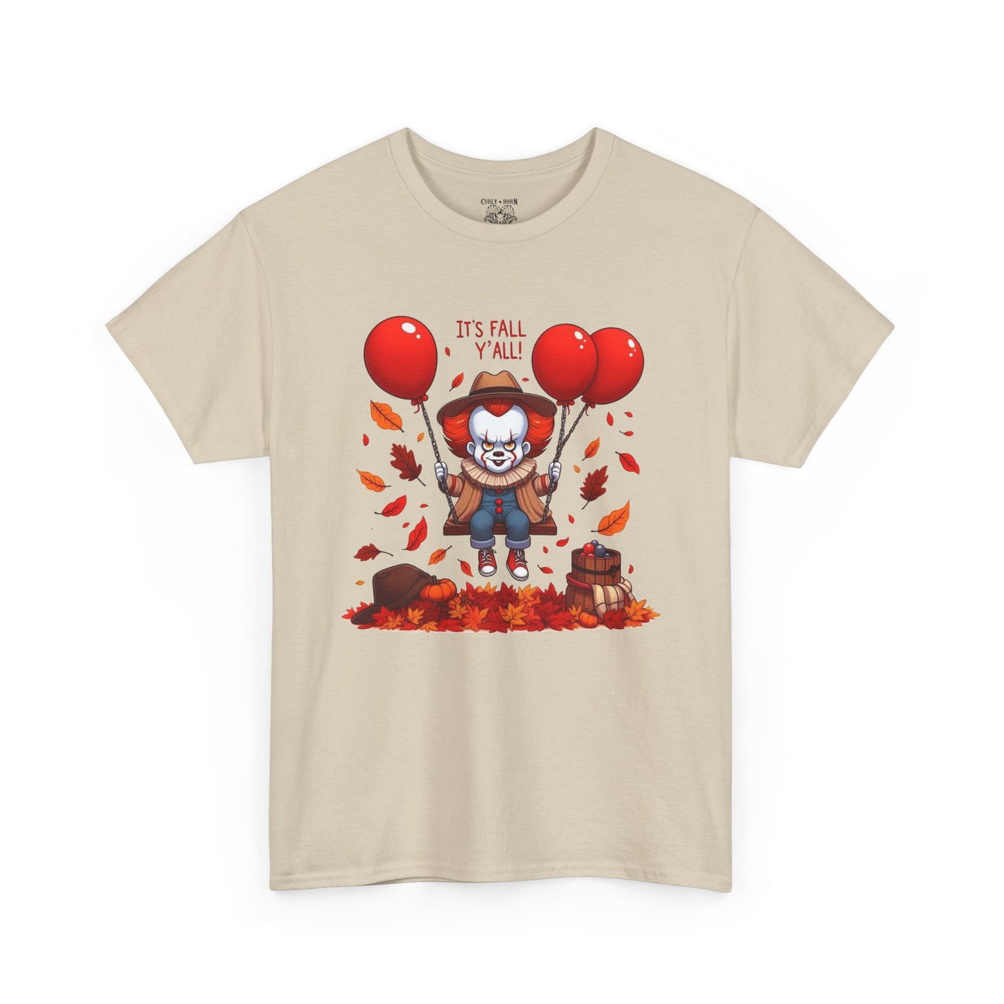 Fall-Themed Pennywise Unisex Heavy Cotton Tee, Autumn Shirt, Halloween Apparel, Seasonal Gift, Cozy Outfit, Fun Fall Fashion