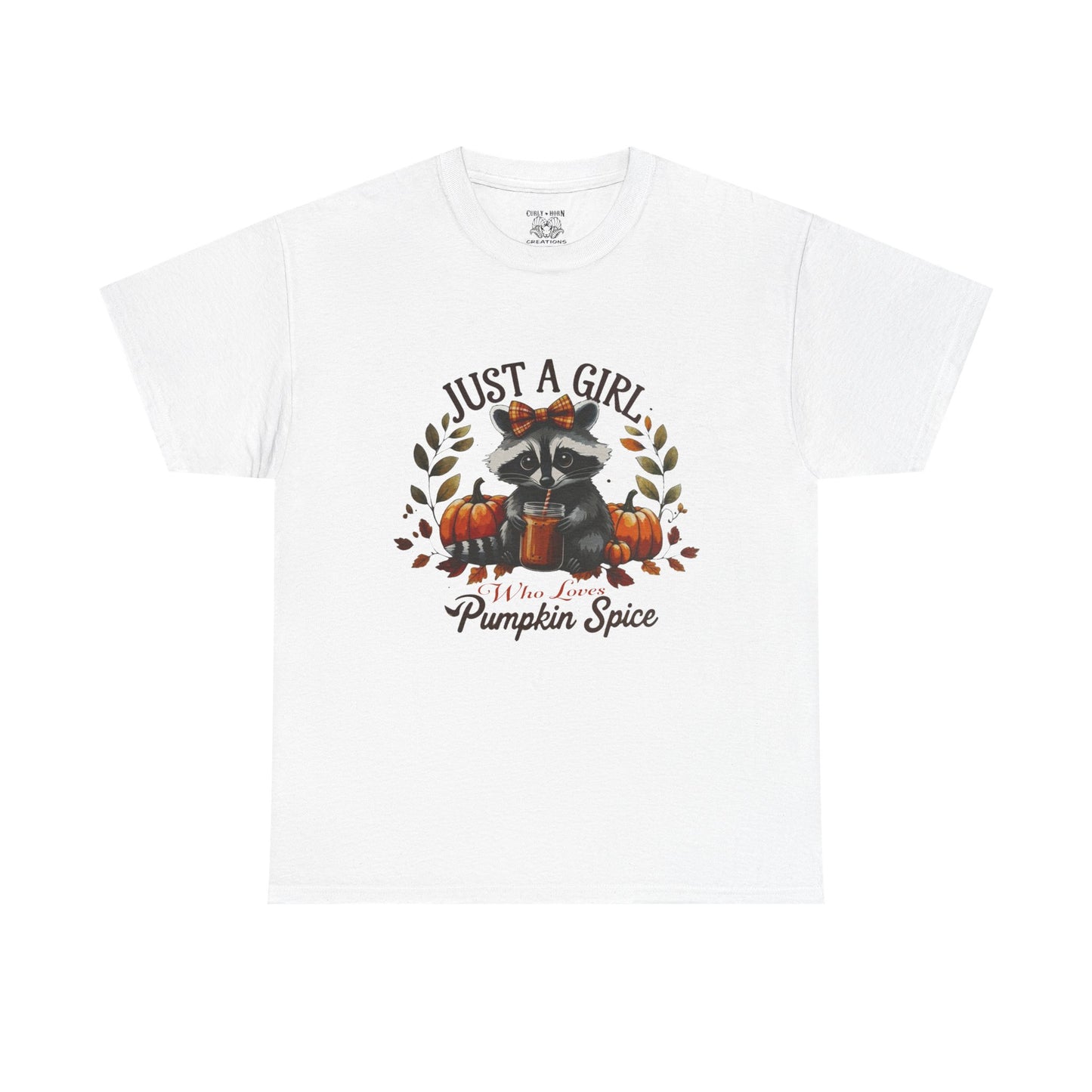 Pumpkin Spice Raccoon Unisex Heavy Cotton Tee, Fall T-Shirt, Halloween Apparel, Autumn Shirt, Cute Graphic Tee
