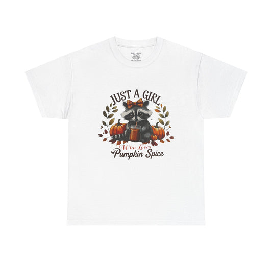 Pumpkin Spice Raccoon Unisex Heavy Cotton Tee, Fall T-Shirt, Halloween Apparel, Autumn Shirt, Cute Graphic Tee