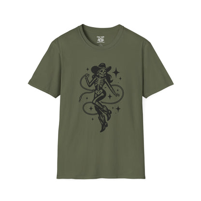 Skeleton Cowgirl T-Shirt, Vintage Halloween Tee, Unisex Graphic Shirt, Casual Outfit, Festival Wear, Spooky Season Apparel