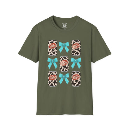 Dr Pepper Tourquoise  Cow Print T-Shirt with Bows, Casual Wear, Gift for Cow Lovers, Farmhouse Decor, Birthday or Holiday Gift