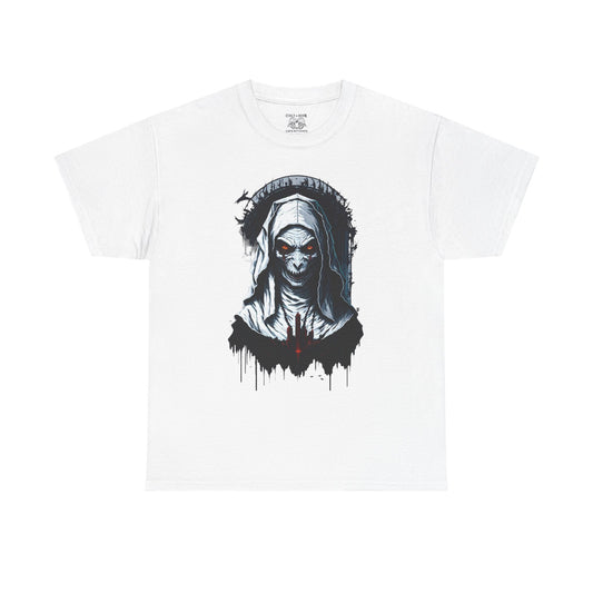 Spooky Graphic Nun Tee, Unisex Heavy Cotton Tee, Halloween Outfit, Horror Lover Gift, Dark Art T-Shirt, Unique Style Tee