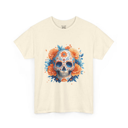 Colorful Floral Skull Tee, Unisex Heavy Cotton T-Shirt, Perfect for Day of the Dead Celebrations, Casual Wear, Unique Gift Idea