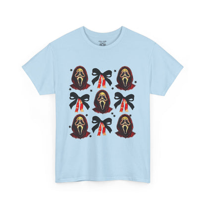 Ghost Face with Bows Design, Fun Graphic Tee, Gift for Him/Her, Casual Wear, Holiday Apparel, Statement Shirt