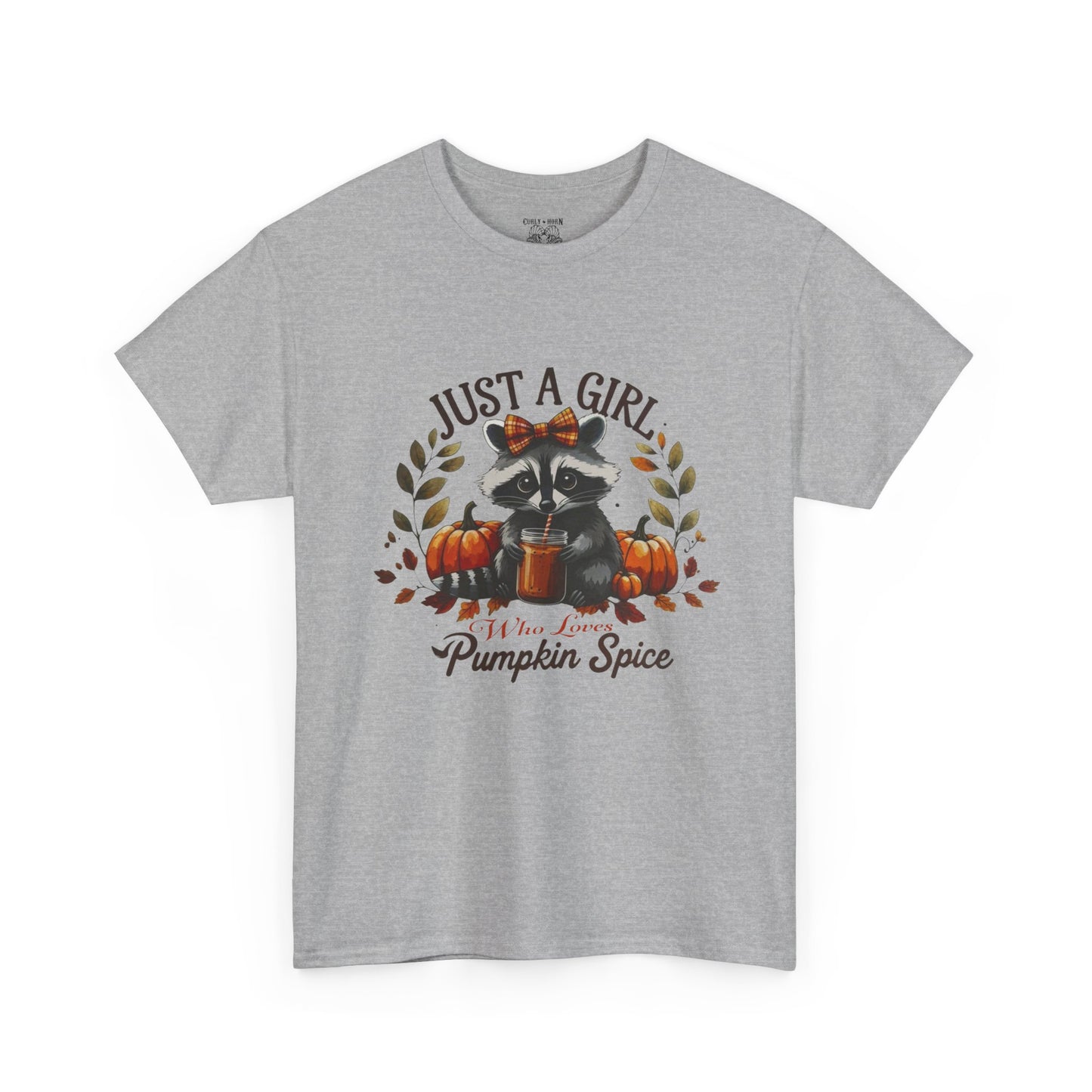 Pumpkin Spice Raccoon Unisex Heavy Cotton Tee, Fall T-Shirt, Halloween Apparel, Autumn Shirt, Cute Graphic Tee