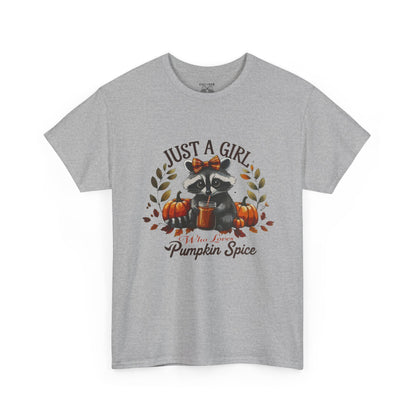 Pumpkin Spice Raccoon Unisex Heavy Cotton Tee, Fall T-Shirt, Halloween Apparel, Autumn Shirt, Cute Graphic Tee
