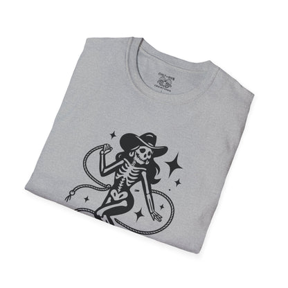 Skeleton Cowgirl T-Shirt, Vintage Halloween Tee, Unisex Graphic Shirt, Casual Outfit, Festival Wear, Spooky Season Apparel