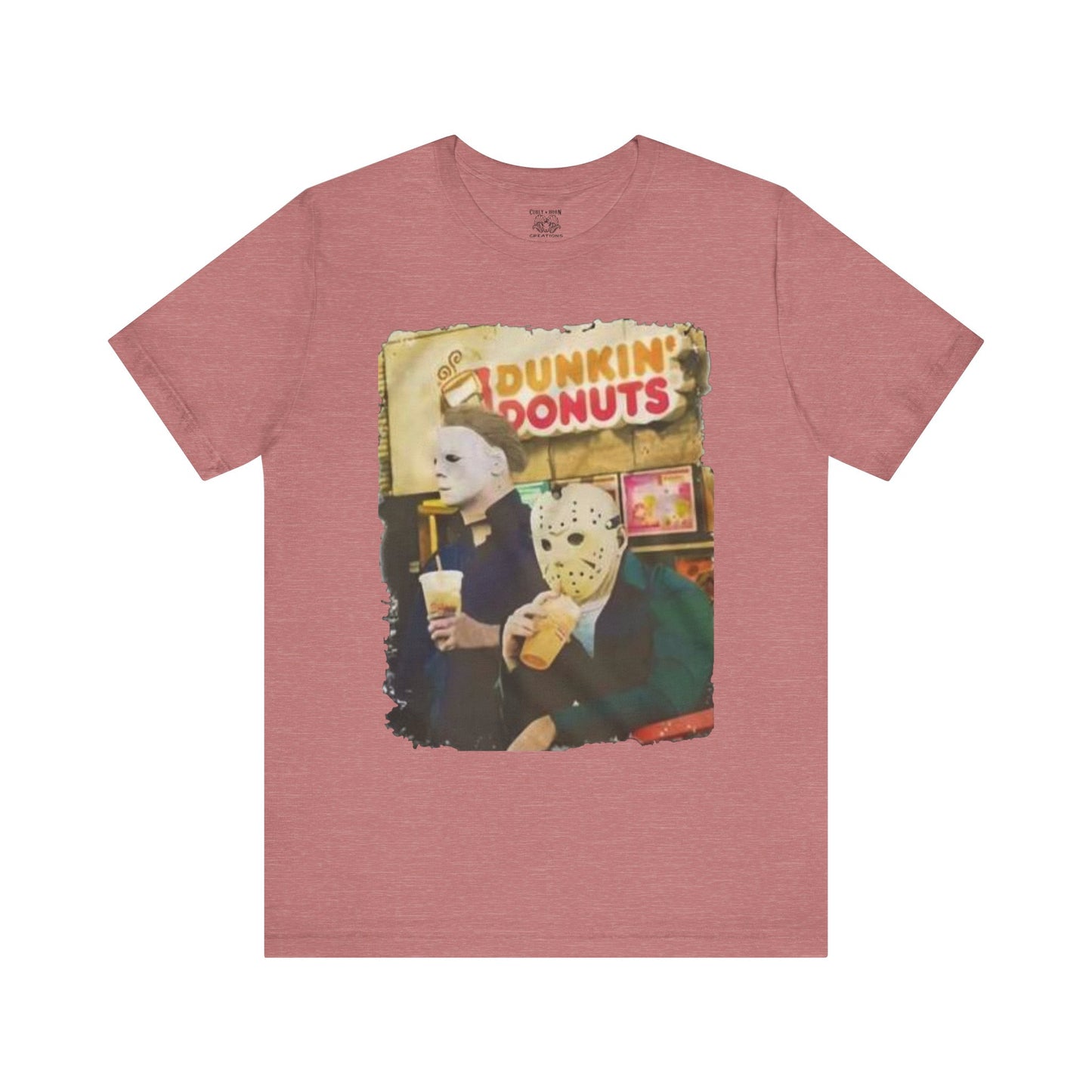 Michael Myers and Jason Horror Movie Tee with Dunkin' Donuts Theme, Unisex Graphic T-Shirt, Halloween Costume, Quirky Casual Wear