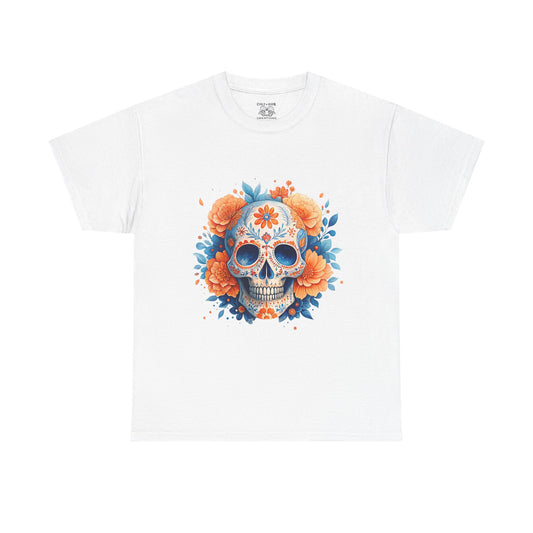 Colorful Floral Skull Tee, Unisex Heavy Cotton T-Shirt, Perfect for Day of the Dead Celebrations, Casual Wear, Unique Gift Idea