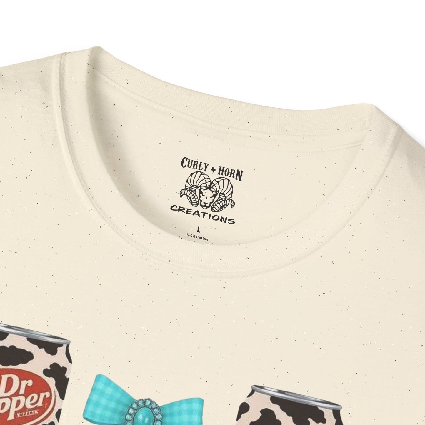 Dr Pepper Tourquoise  Cow Print T-Shirt with Bows, Casual Wear, Gift for Cow Lovers, Farmhouse Decor, Birthday or Holiday Gift