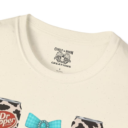 Dr Pepper Tourquoise  Cow Print T-Shirt with Bows, Casual Wear, Gift for Cow Lovers, Farmhouse Decor, Birthday or Holiday Gift