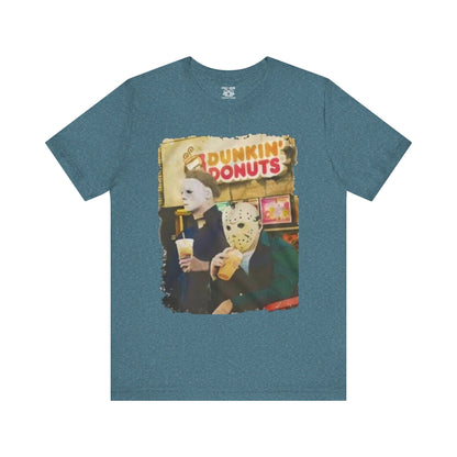 Michael Myers and Jason Horror Movie Tee with Dunkin' Donuts Theme, Unisex Graphic T-Shirt, Halloween Costume, Quirky Casual Wear