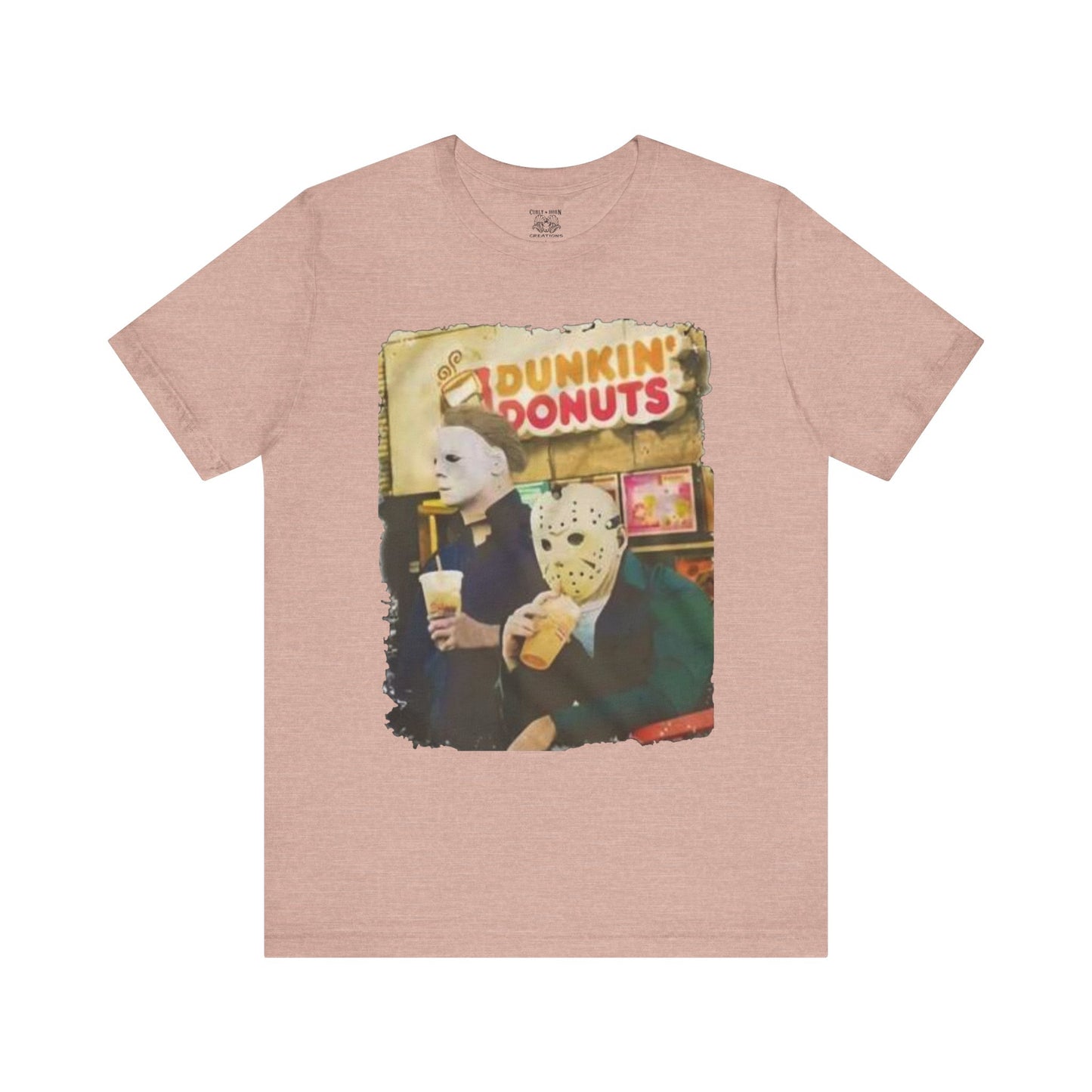 Michael Myers and Jason Horror Movie Tee with Dunkin' Donuts Theme, Unisex Graphic T-Shirt, Halloween Costume, Quirky Casual Wear