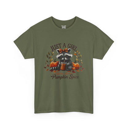 Pumpkin Spice Raccoon Unisex Heavy Cotton Tee, Fall T-Shirt, Halloween Apparel, Autumn Shirt, Cute Graphic Tee