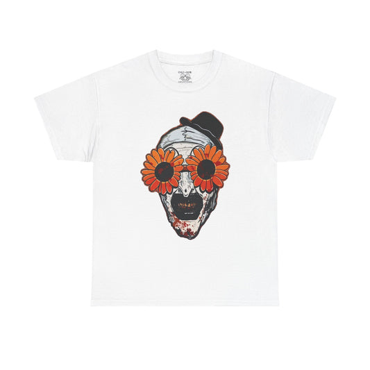 Terrifier Skull Tee with Floral Glasses, Unisex Cotton Shirt, Trendy Graphic T-Shirt, Quirky Casual Wear, Unique Gift for Him or Her