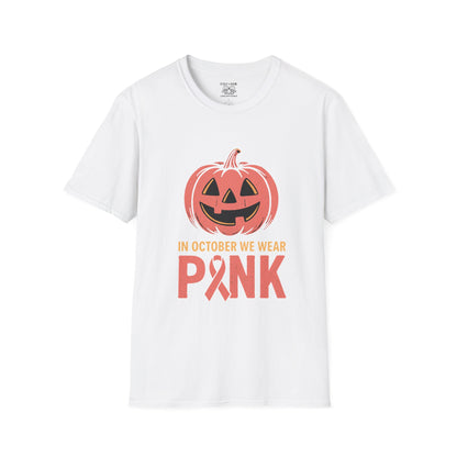 Halloween Awareness T-Shirt | In October We Wear Pink | Unisex Softstyle Tee for Breast Cancer Awareness, Holiday Gift, Spooky Season