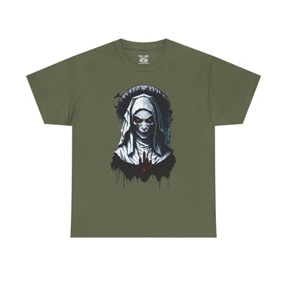 Spooky Graphic Nun Tee, Unisex Heavy Cotton Tee, Halloween Outfit, Horror Lover Gift, Dark Art T-Shirt, Unique Style Tee