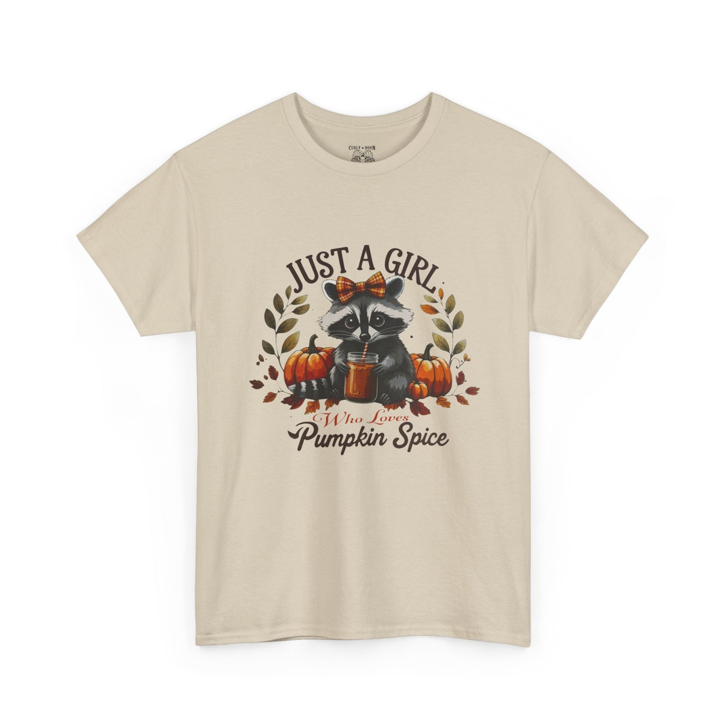 Pumpkin Spice Raccoon Unisex Heavy Cotton Tee, Fall T-Shirt, Halloween Apparel, Autumn Shirt, Cute Graphic Tee