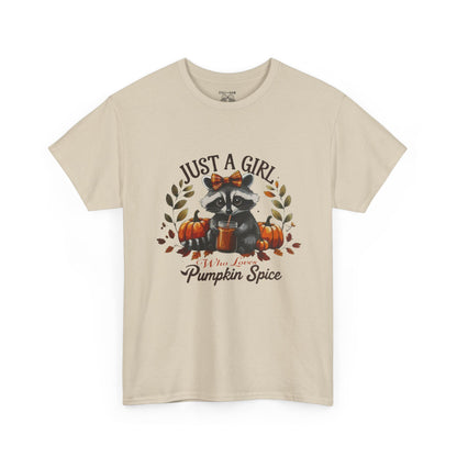 Pumpkin Spice Raccoon Unisex Heavy Cotton Tee, Fall T-Shirt, Halloween Apparel, Autumn Shirt, Cute Graphic Tee