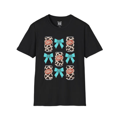 Dr Pepper Tourquoise  Cow Print T-Shirt with Bows, Casual Wear, Gift for Cow Lovers, Farmhouse Decor, Birthday or Holiday Gift