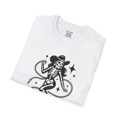 Skeleton Cowgirl T-Shirt, Vintage Halloween Tee, Unisex Graphic Shirt, Casual Outfit, Festival Wear, Spooky Season Apparel