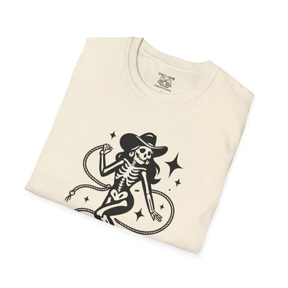 Skeleton Cowgirl T-Shirt, Vintage Halloween Tee, Unisex Graphic Shirt, Casual Outfit, Festival Wear, Spooky Season Apparel