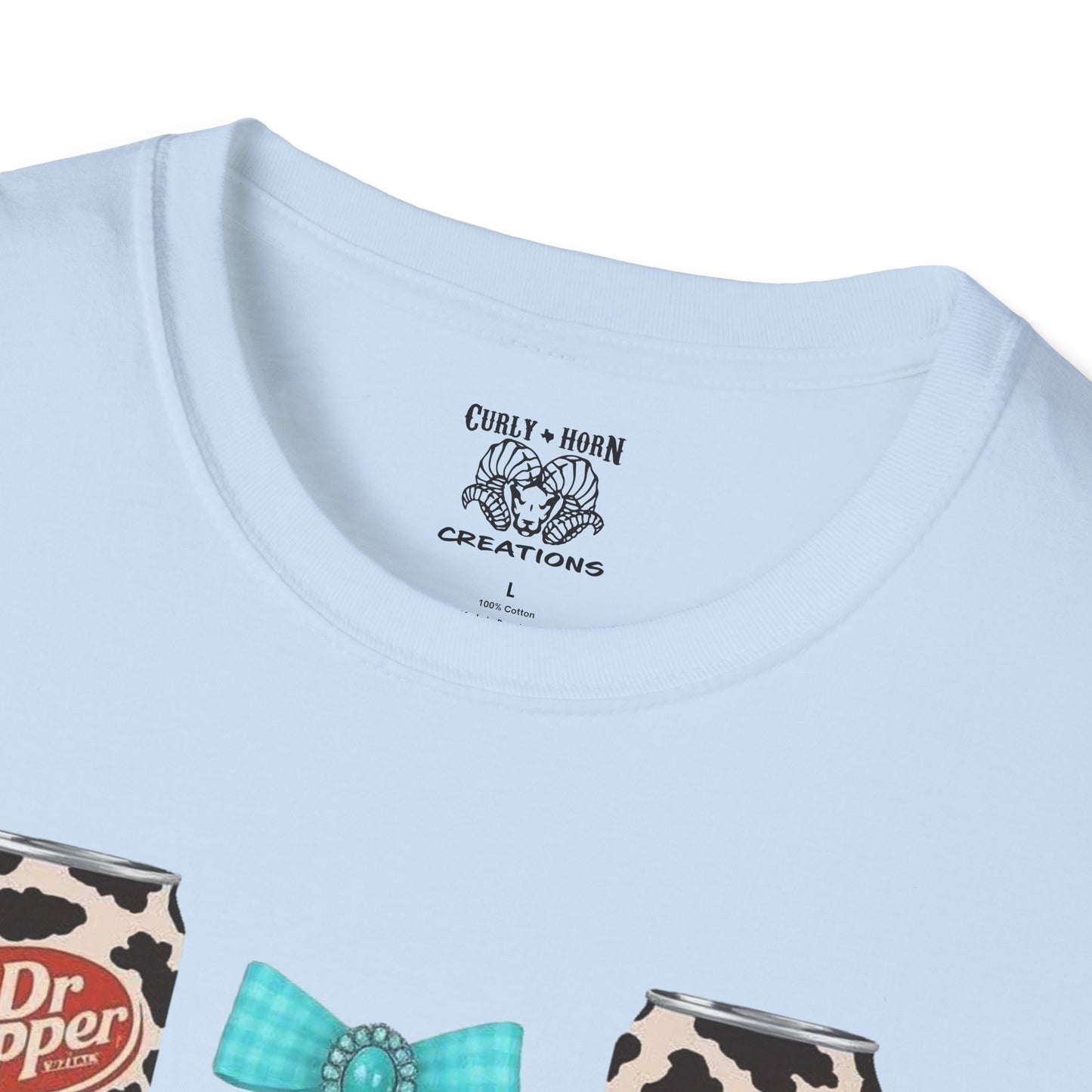 Dr Pepper Tourquoise  Cow Print T-Shirt with Bows, Casual Wear, Gift for Cow Lovers, Farmhouse Decor, Birthday or Holiday Gift