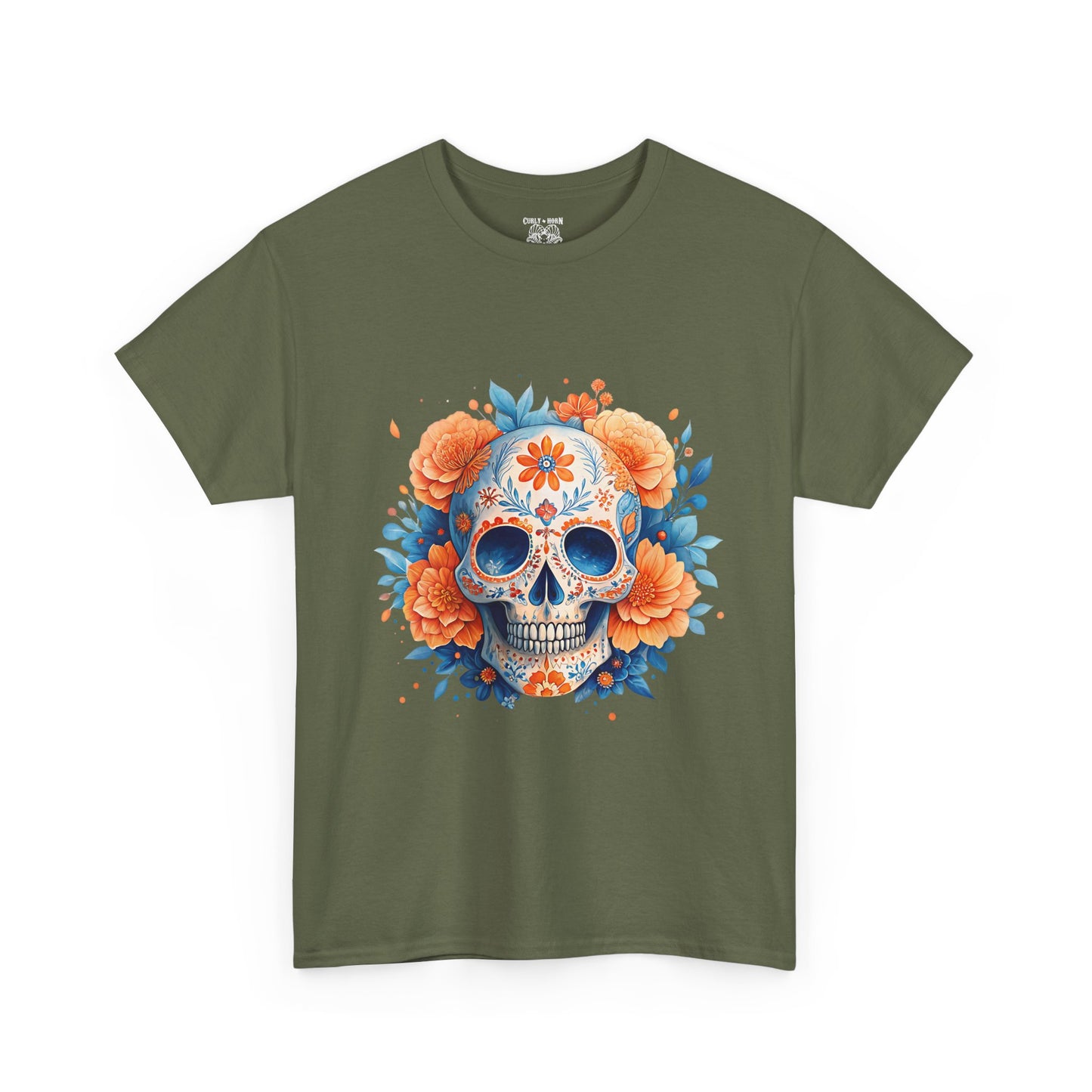 Colorful Floral Skull Tee, Unisex Heavy Cotton T-Shirt, Perfect for Day of the Dead Celebrations, Casual Wear, Unique Gift Idea