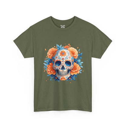 Colorful Floral Skull Tee, Unisex Heavy Cotton T-Shirt, Perfect for Day of the Dead Celebrations, Casual Wear, Unique Gift Idea