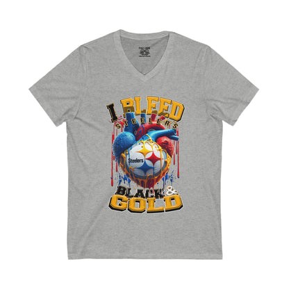 Steelers Football Fan V-Neck Tee - I Bleed Black & Gold, Fan Gear, Unisex Shirt, Gift for Sports Lovers, Tailgate Shirt, Game Day Apparel
