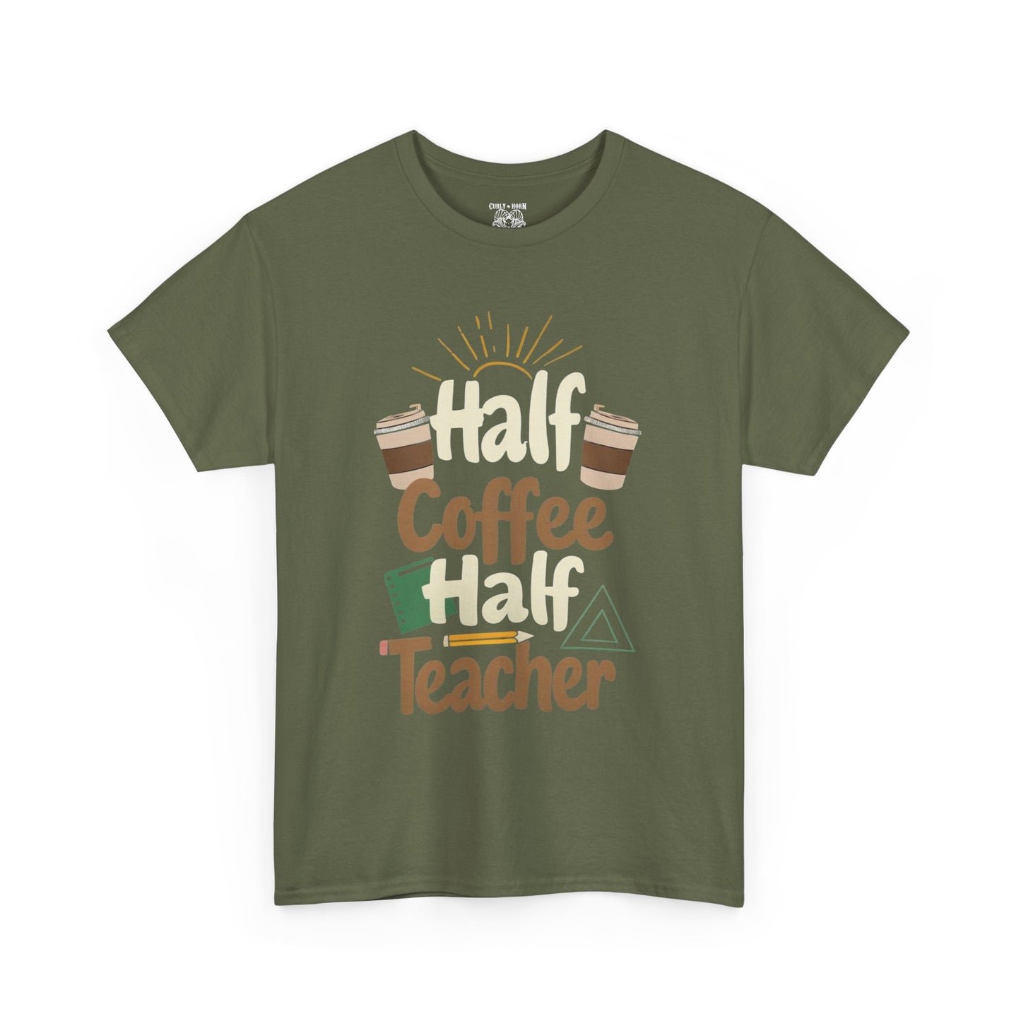 Half Coffee Half Teacher Unisex Heavy Cotton Tee, Teacher Gift, Coffee Lover Shirt, Back to School Apparel, Thoughtful Present