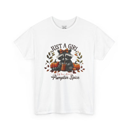 Pumpkin Spice Raccoon Unisex Heavy Cotton Tee, Fall T-Shirt, Halloween Apparel, Autumn Shirt, Cute Graphic Tee